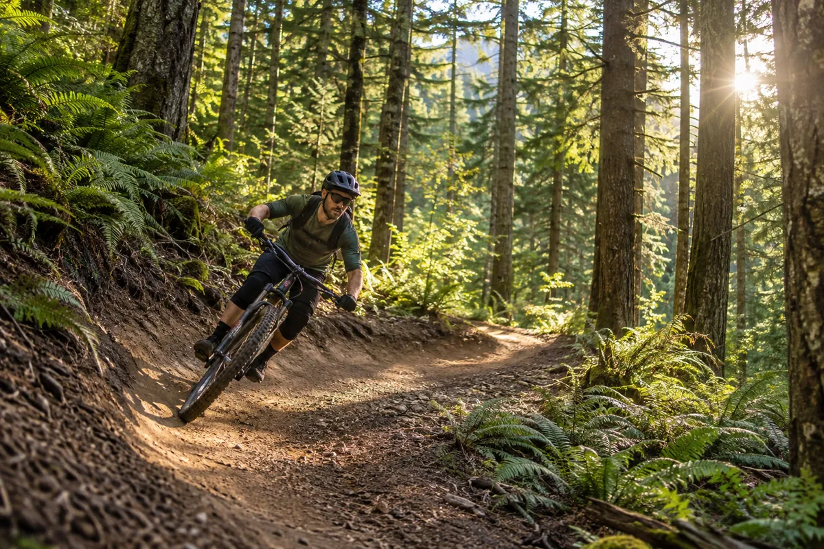 Mountain biker riding forest singletrack near Mt. Hood