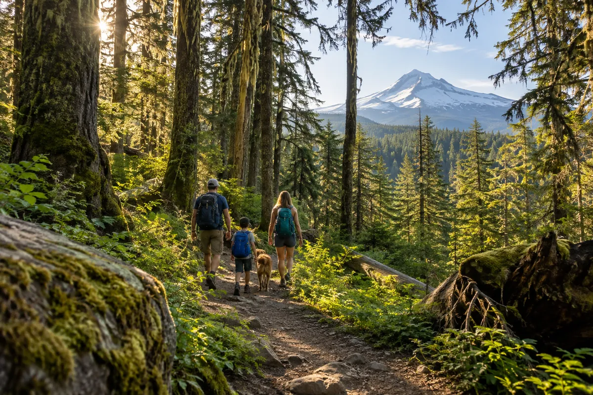 Family hiking through a sunlit Pacific Northwest forest